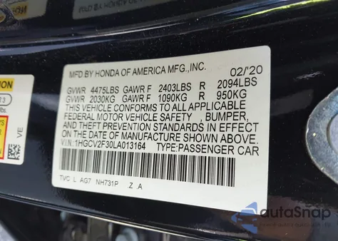 2020 Honda Accord Sport 2.0T из США, поврежденный, VIN 1HGCV2F30LA013164